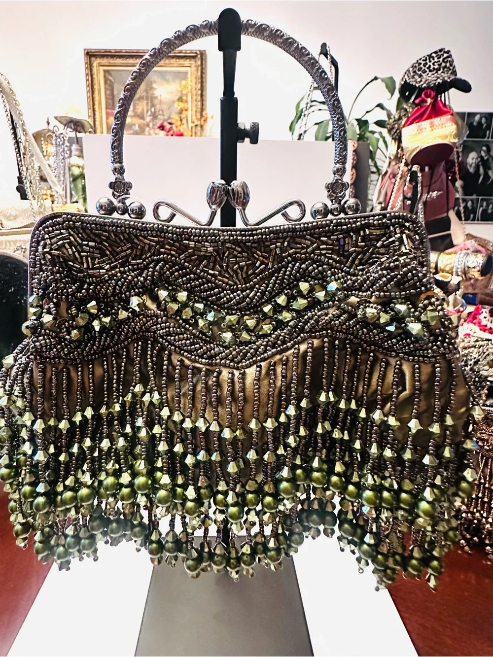 Olive Green Satin Beaded Mary Frances Inspired design Clutch/Purse with chain NW
